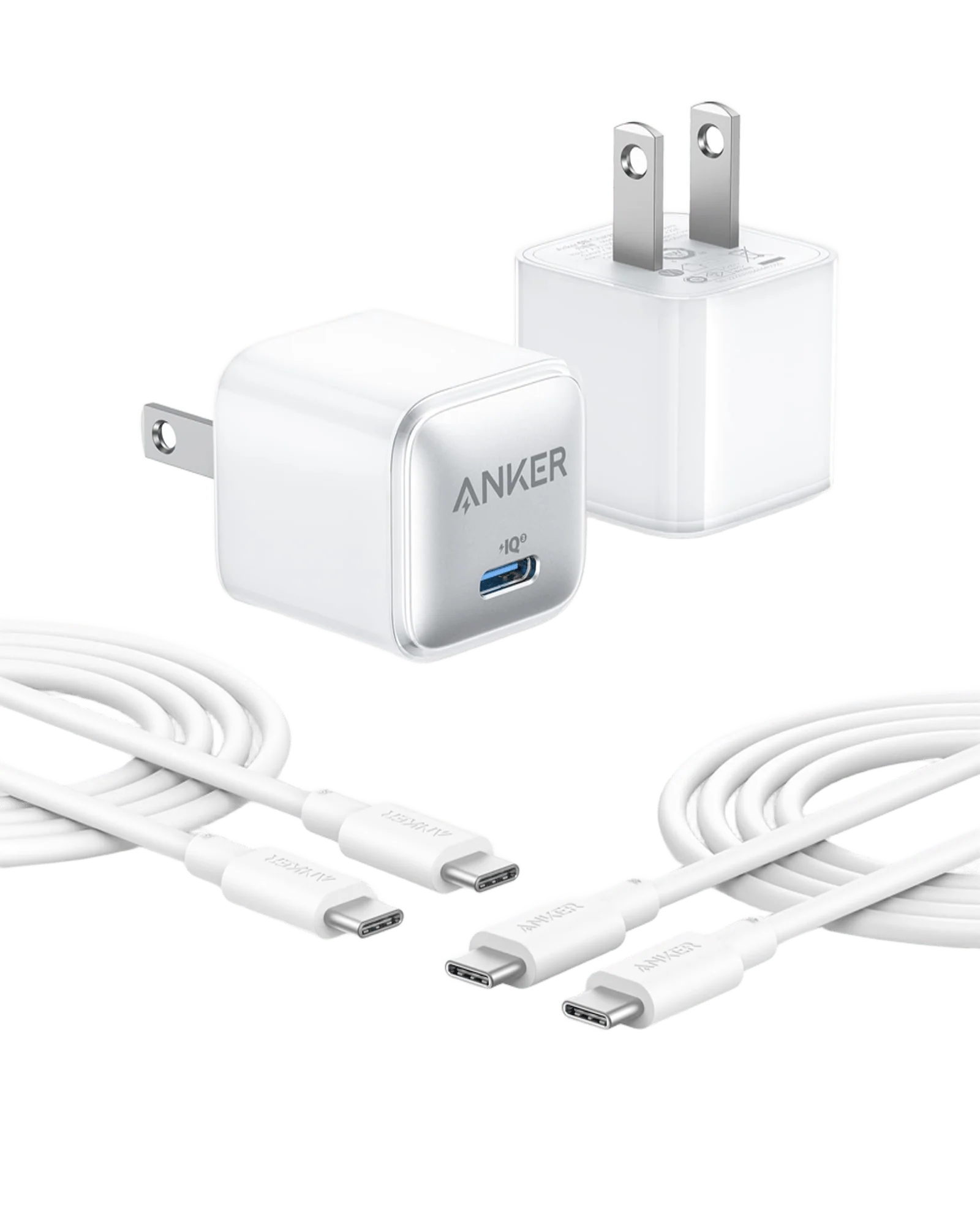 Anker with white USB-C cables and compact charging adapter
