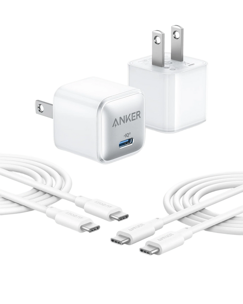 Anker with white USB-C cables and compact charging adapter