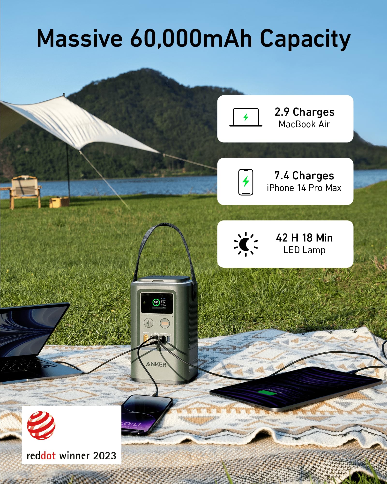 AnkerSOlLIX portable power station with massive 60000mAh for outdoor camping.