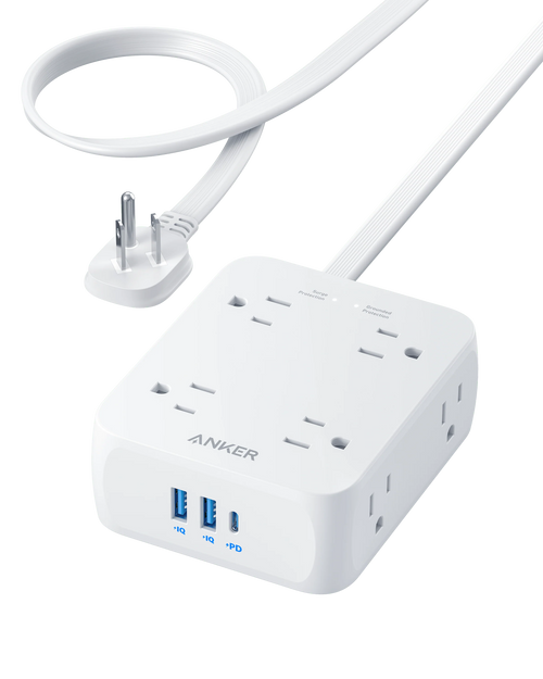 Anker surge protector with USB ports for multiple device charging.