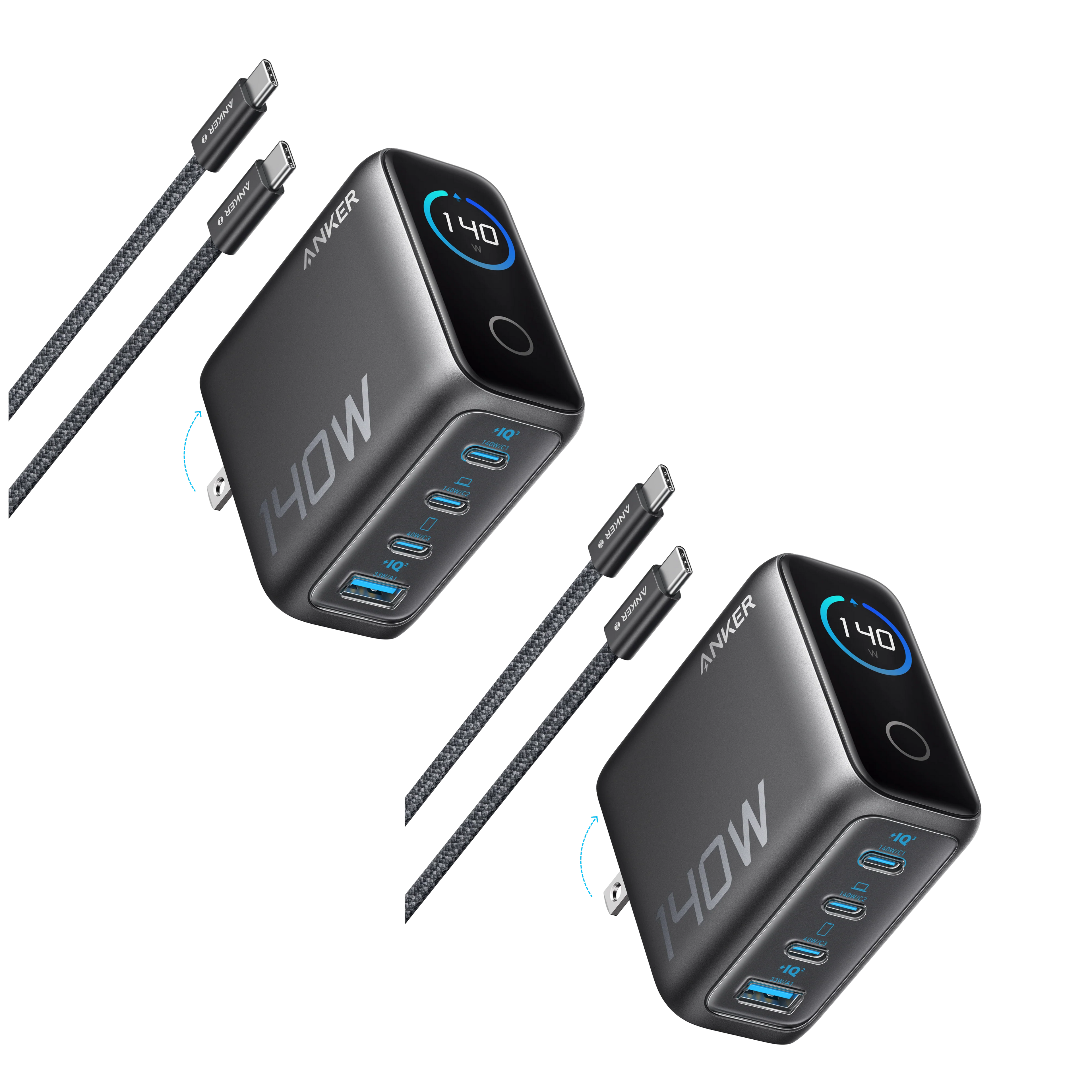 2-Pack Anker Laptop Charger (140W, 4-Port, PD 3.1) with 2-Pack USB-C Cable