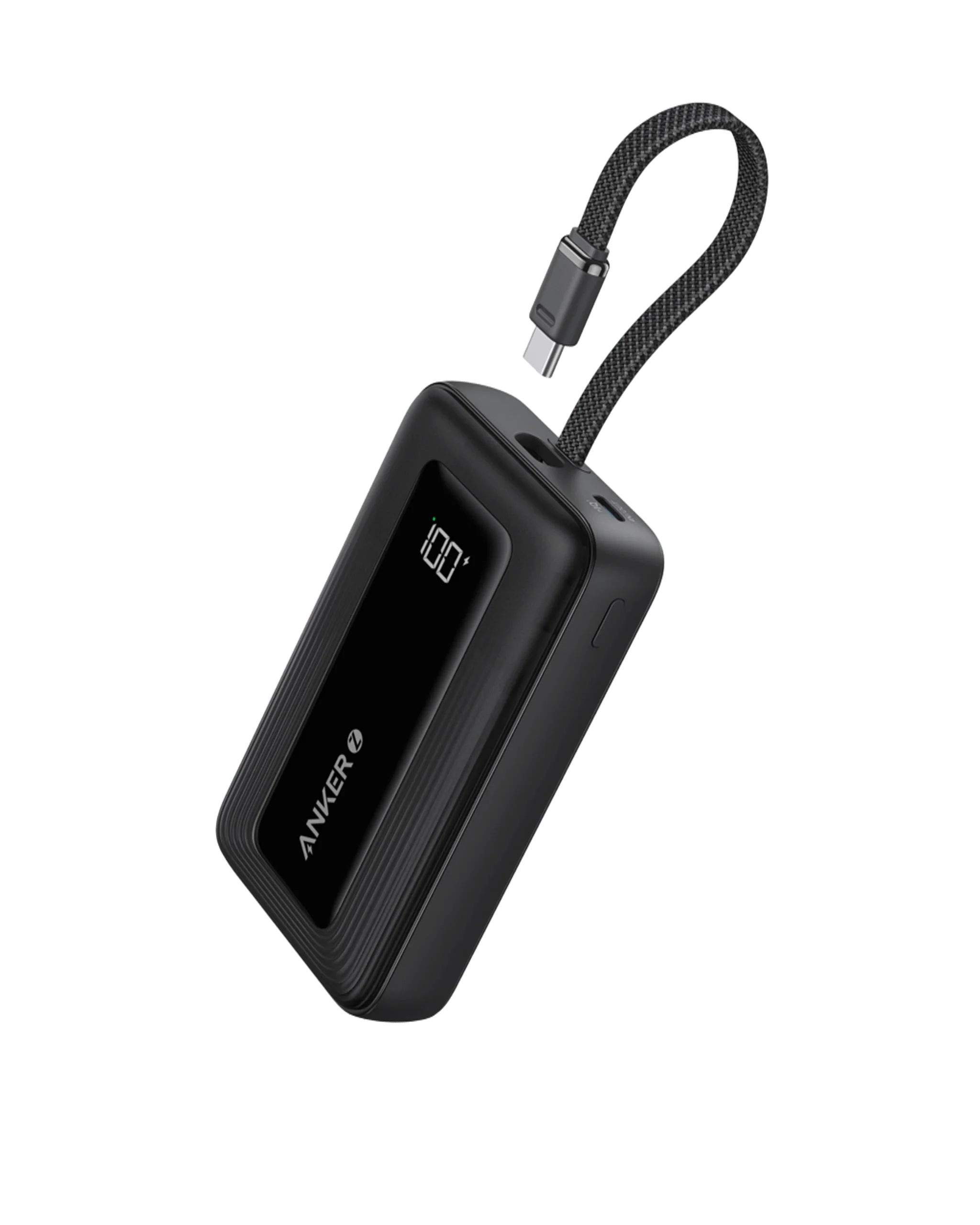 Anker with compact power bank, digital display showing 100