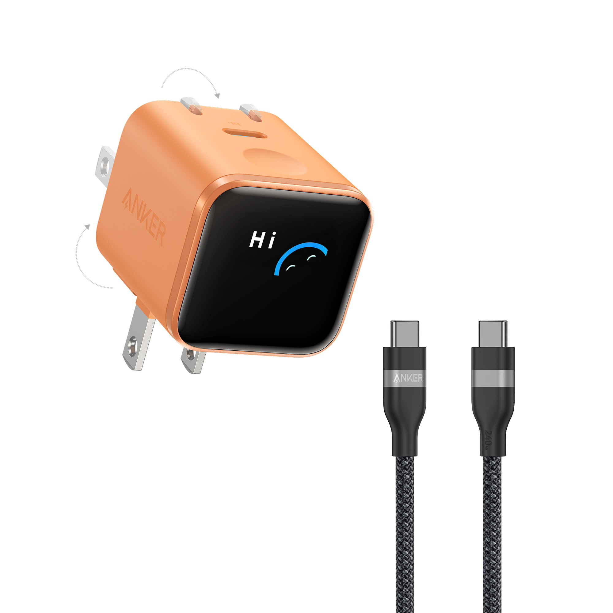 Anker Nano Charger (45W, Smart Display, 180° Foldable) and USB-C to USB-C Cable J8 3 ft / Orange