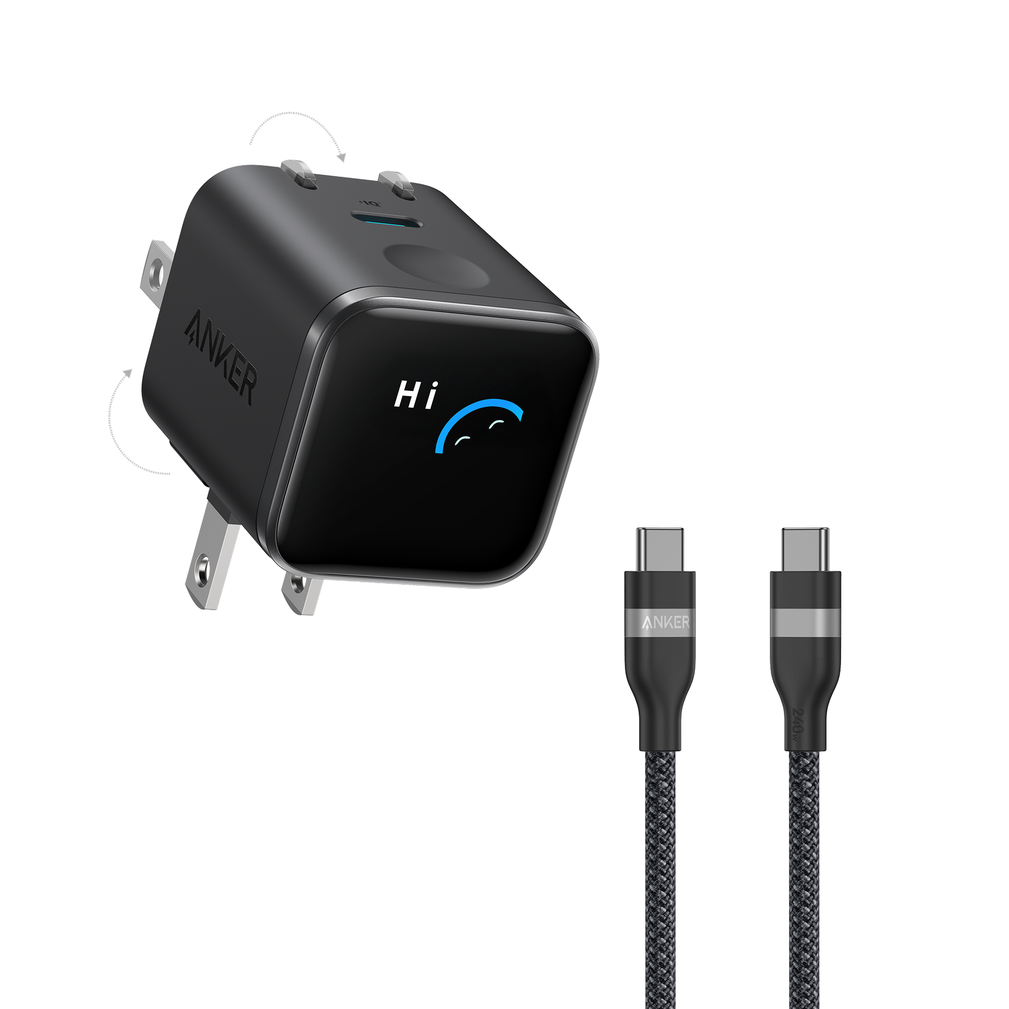 Anker Nano Charger (45W, Smart Display, 180° Foldable) V8 Black + 3 ft Cable | 1-Pack Each