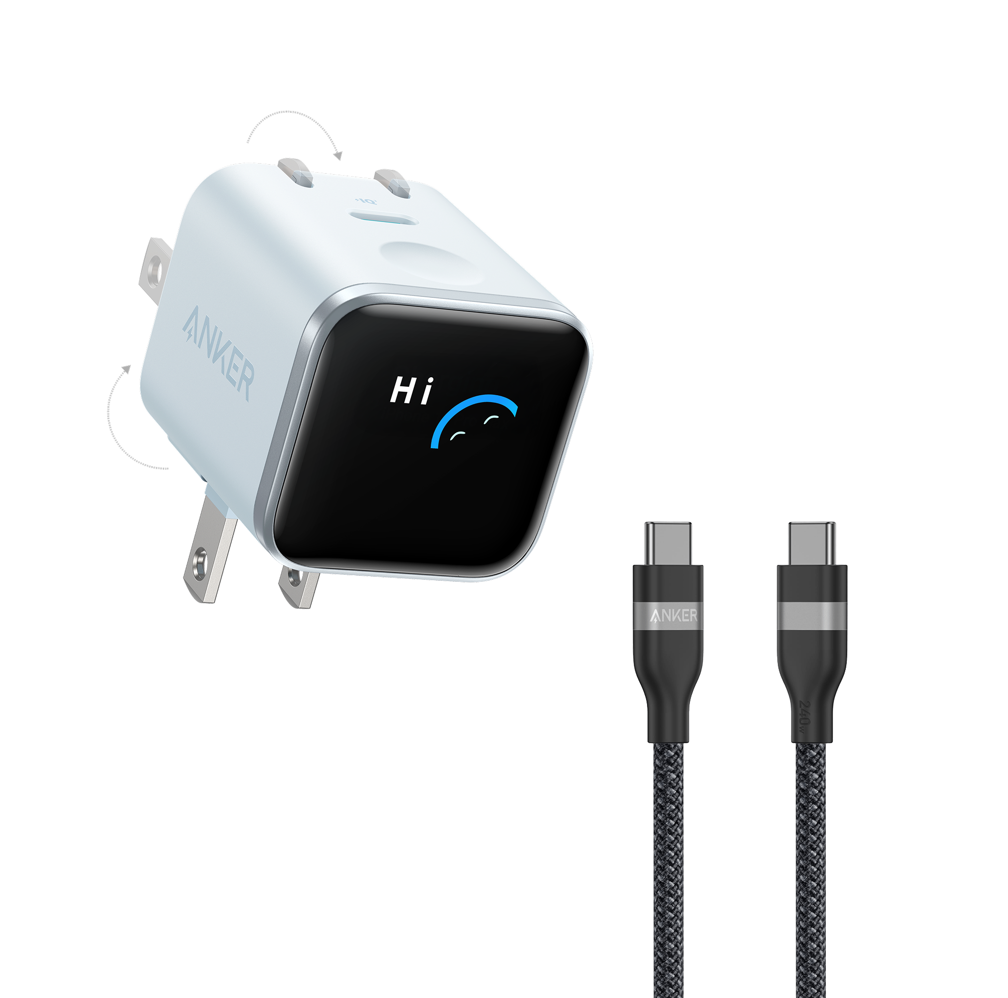Anker Nano Charger (45W, Smart Display, 180° Foldable) and USB-C to USB-C Cable J8 3 ft / Misty Blue