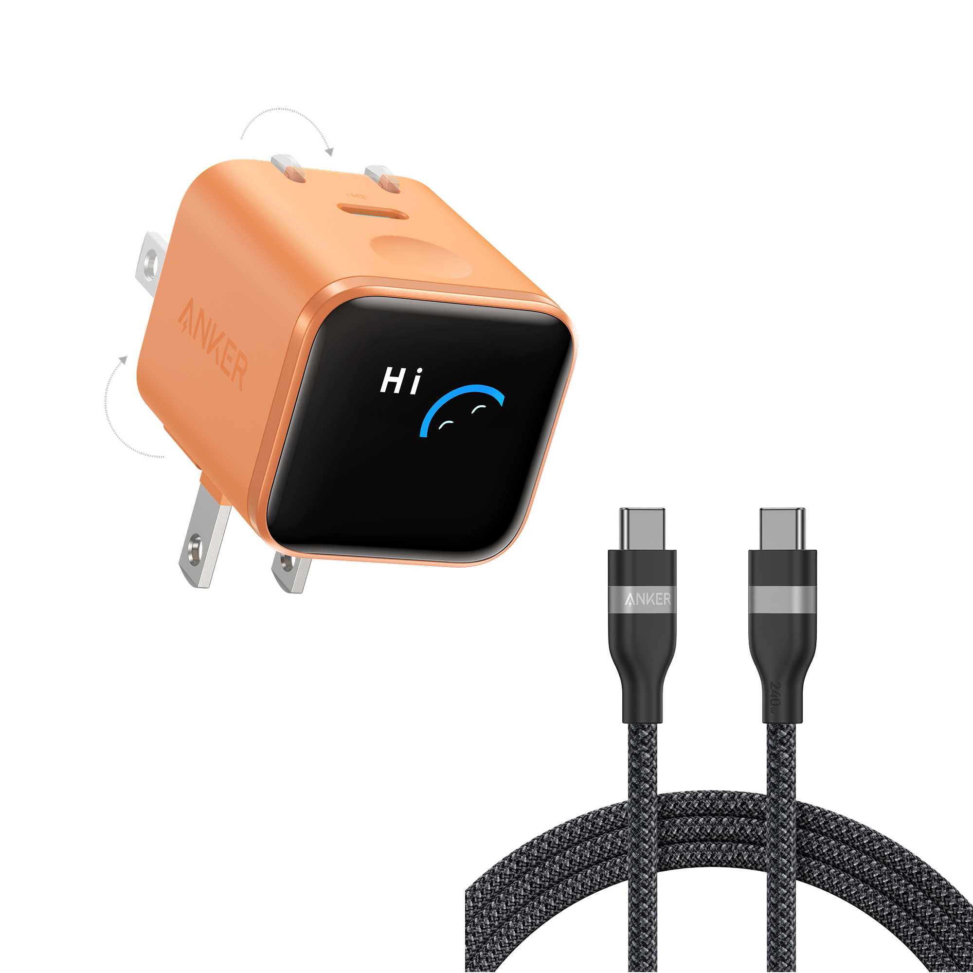 Anker Nano Charger (45W, Smart Display, 180° Foldable) and USB-C to USB-C Cable J8 6 ft / Orange