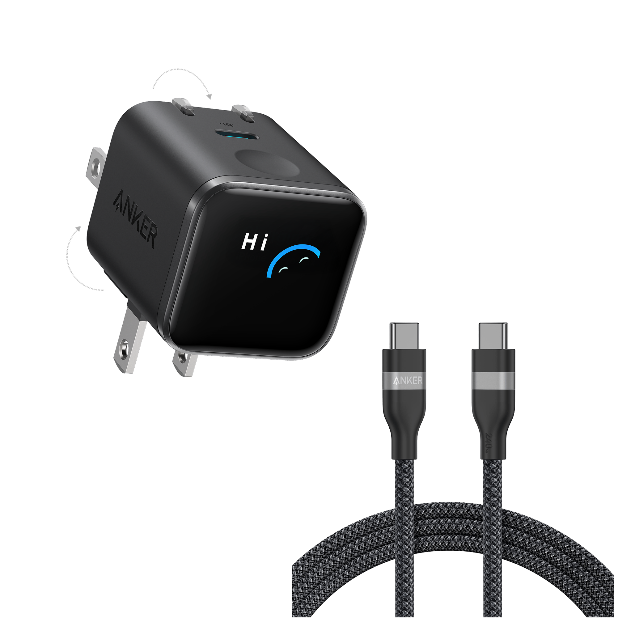 Anker Nano Charger (45W, Smart Display, 180° Foldable) and USB-C to USB-C Cable J8 6 ft / Black Stone
