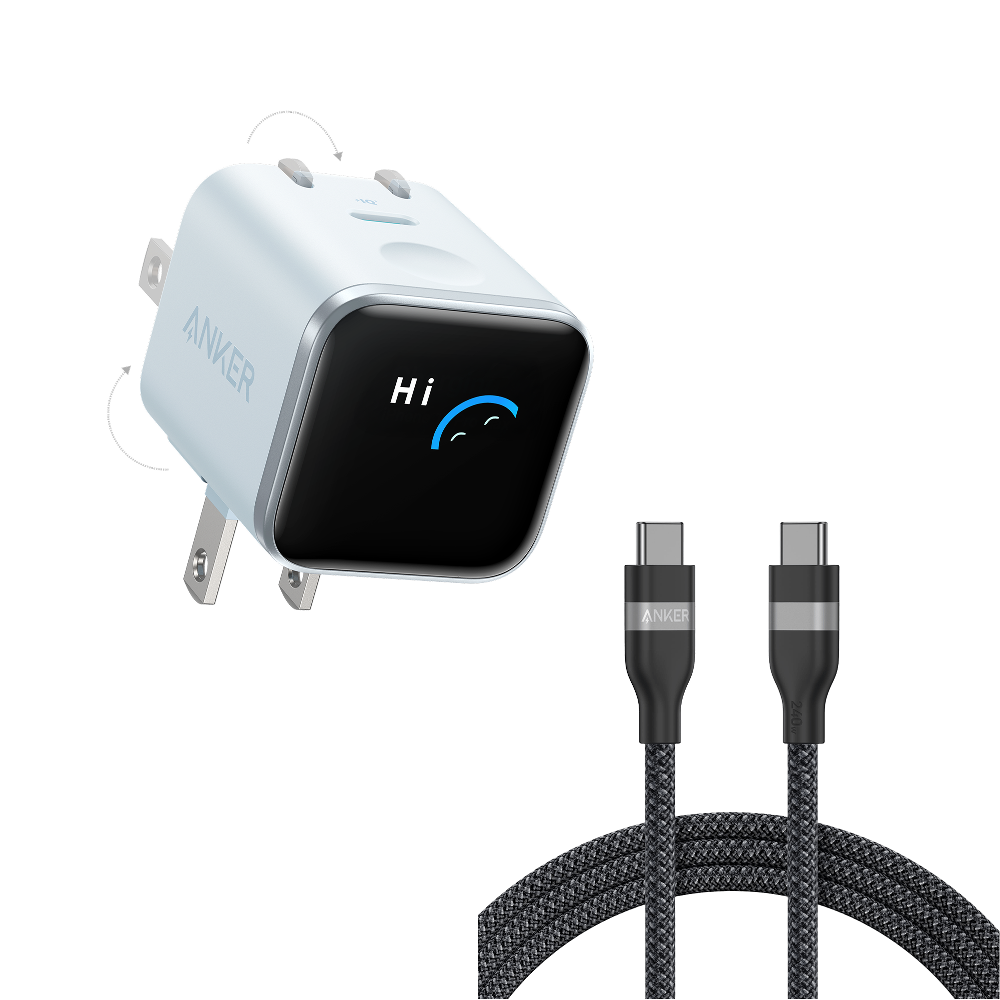 Anker Nano Charger (45W, Smart Display, 180° Foldable) and USB-C to USB-C Cable J8 6 ft / Misty Blue