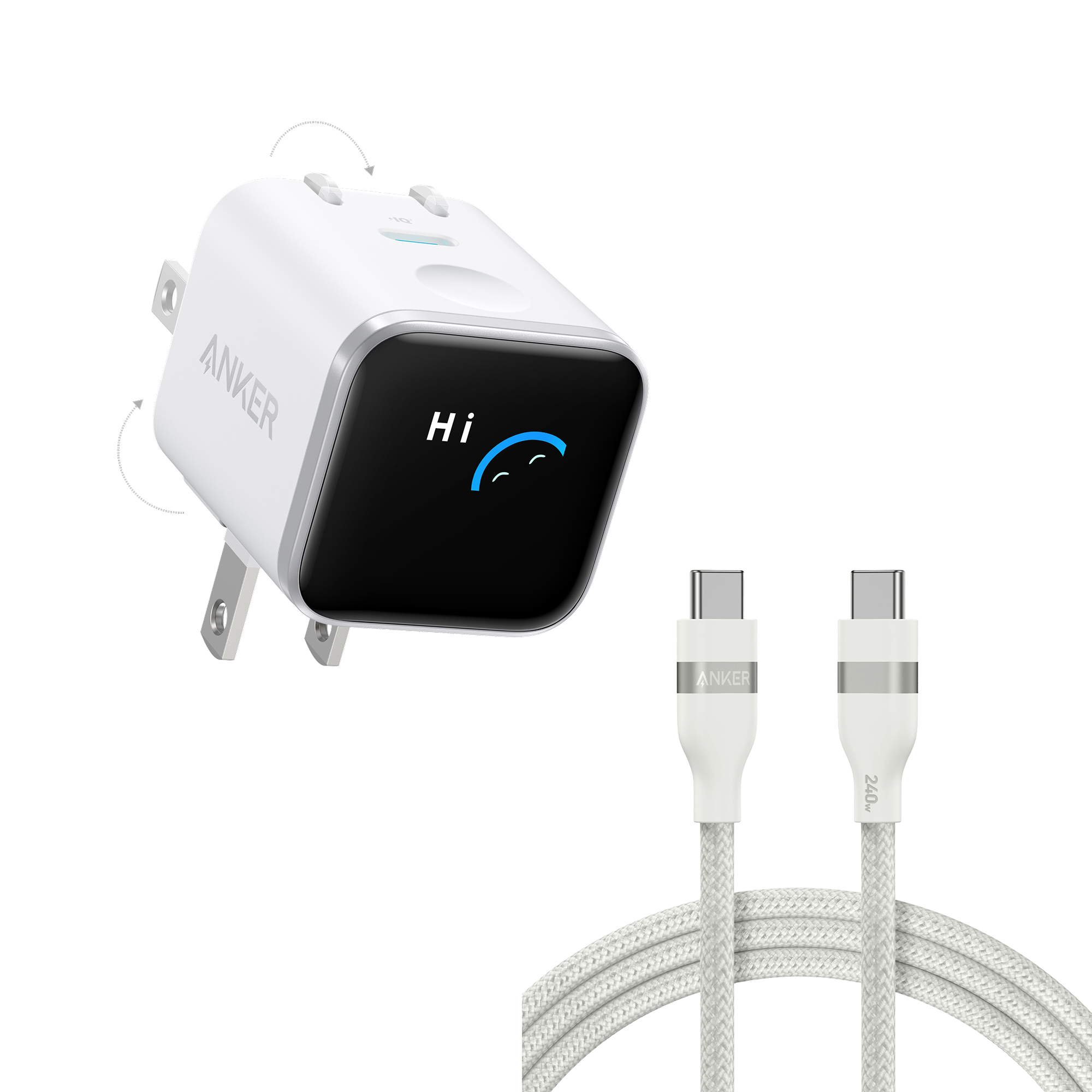 Anker Nano Charger (45W, Smart Display, 180° Foldable) V8 White + 6 ft Cable | 1-Pack Each
