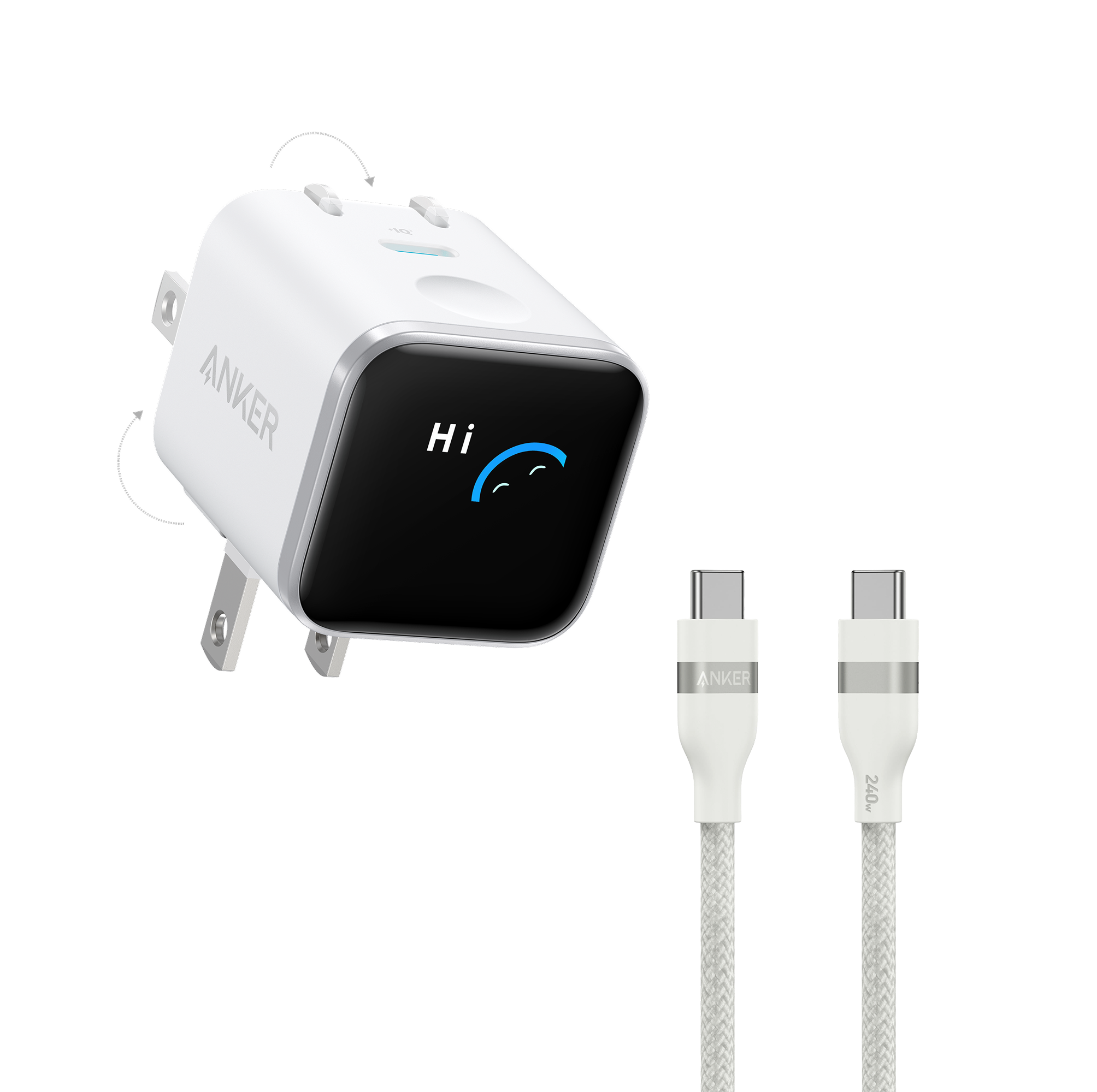 Anker Nano Charger (45W, Smart Display, 180° Foldable) V8 White + 3 ft Cable | 1-Pack Each