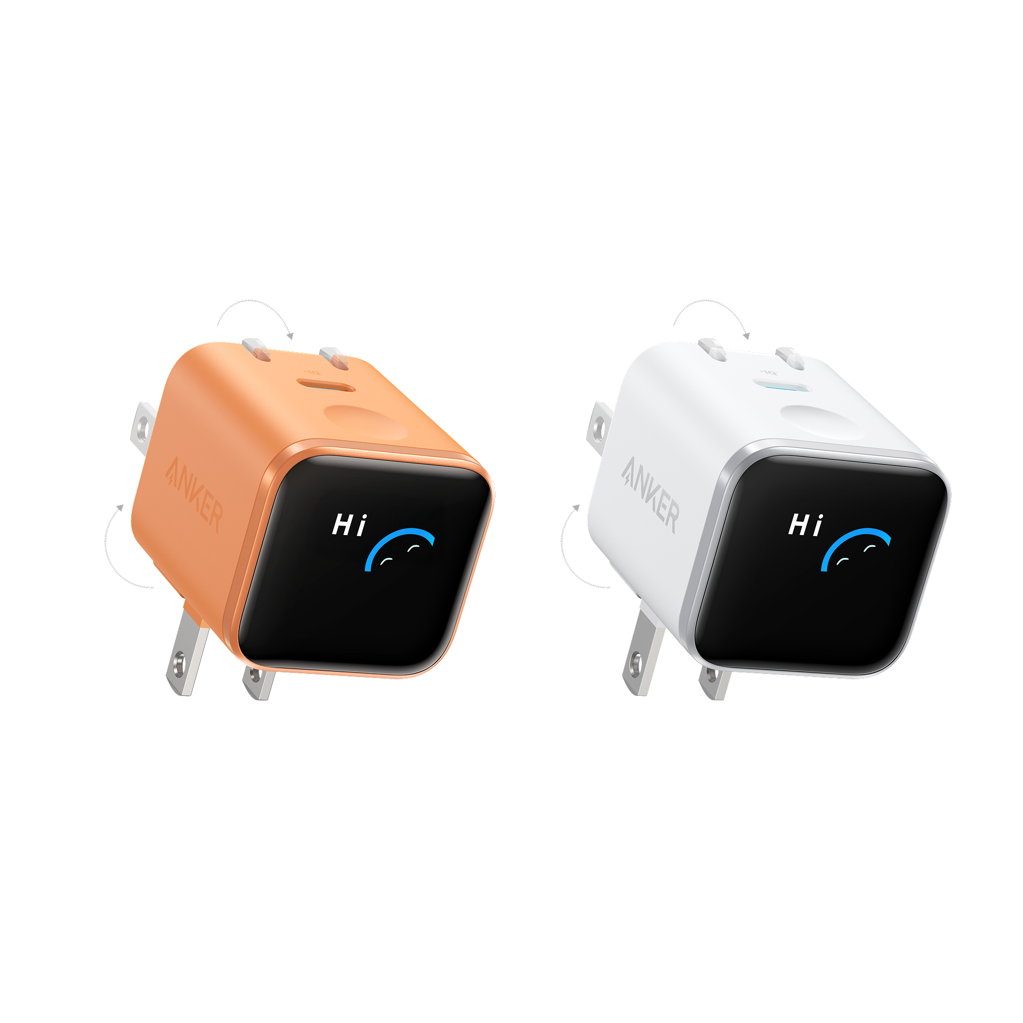 Anker Nano Charger (45W, Smart Display, 180° Foldable) V8 Orange + White | 1-Pack Each