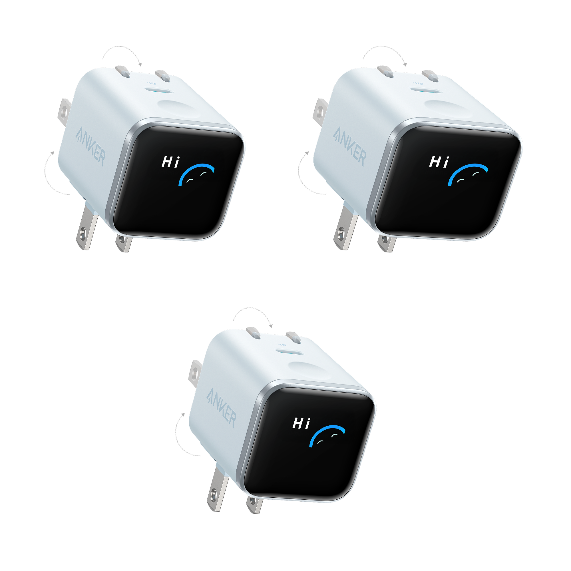 Anker Nano Charger (45W, Smart Display, 180° Foldable, 3-Pack) E3 Misty Blue