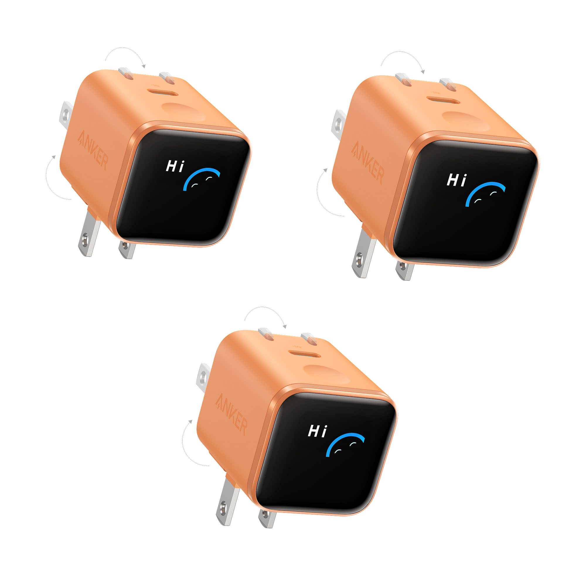 Anker Nano Charger (45W, Smart Display, 180° Foldable, 3-Pack) E3 Orange