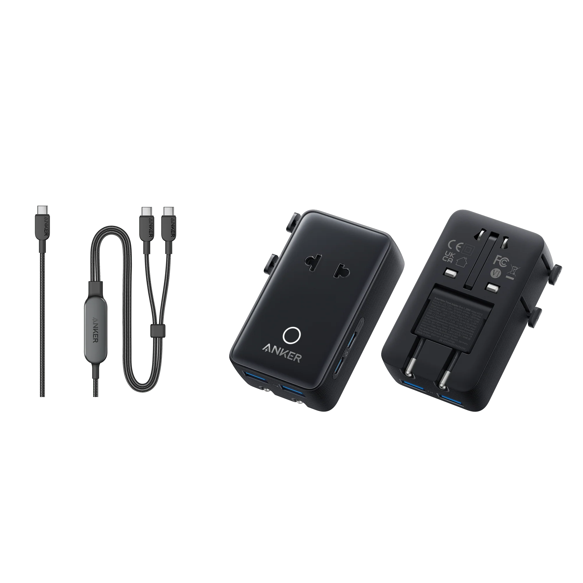 Anker Nano Travel Adapter (5-in-1, 20W, 1-Pack) and Anker 140W 2-in-1 USB-C to USB-C Cable